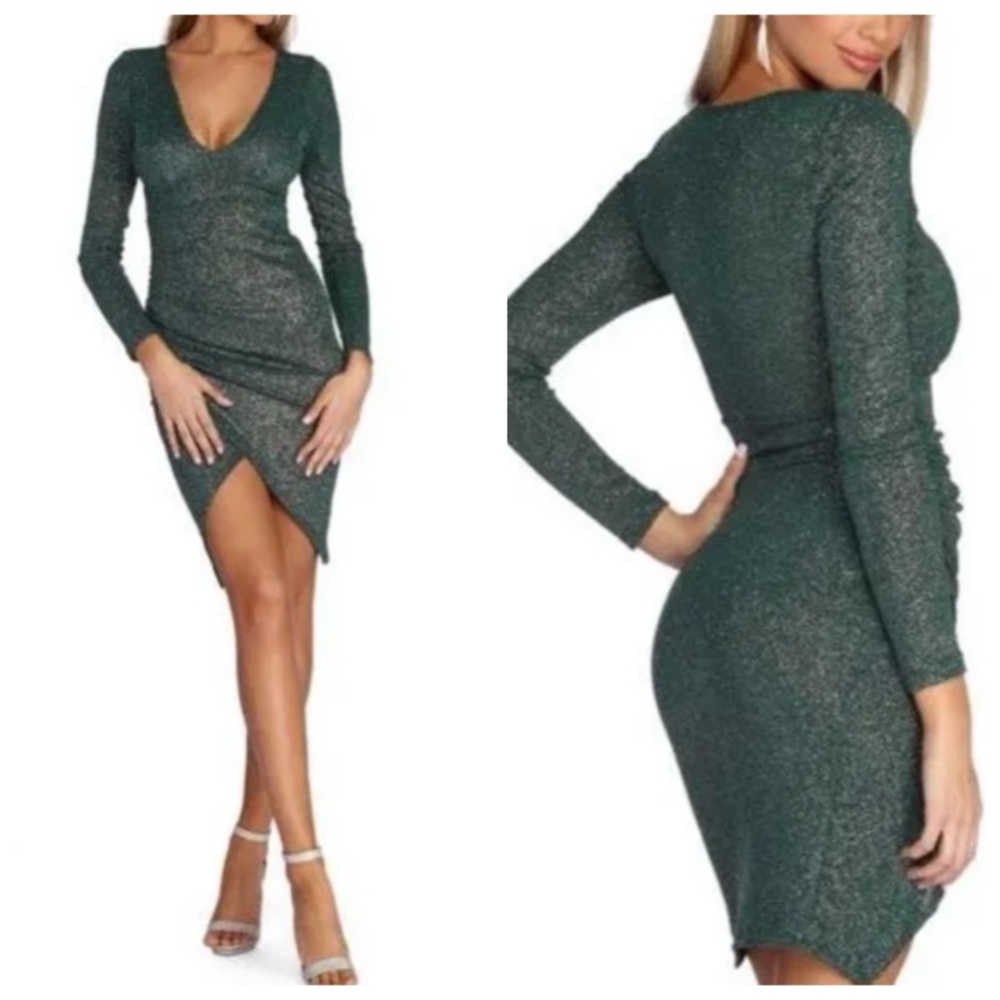 Windsor Sparkly Hunter Green Glitter Bodycon V Neck Wrap Skirt Mini Drees